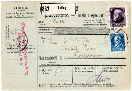 Bayern 1917, 2 Mk.+20 Pf. auf Paketkarte v. Aubing n. Konstantinopel, Türkei