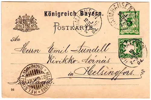 Bayern 1894, 5 Pf. Zusatzfr. auf 5 Pf. Ganzsache v. Haimhausen n. Finnland