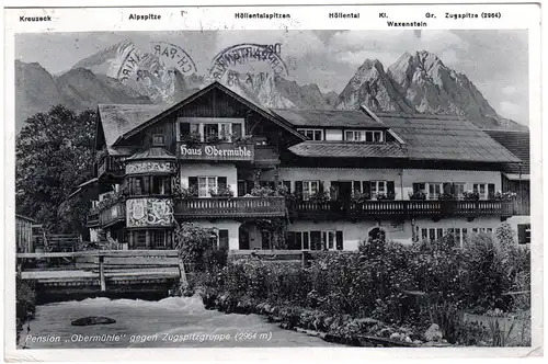 Garmisch, Pension Obermühle gg. Zugspitze, 1938 gebr. sw-AK