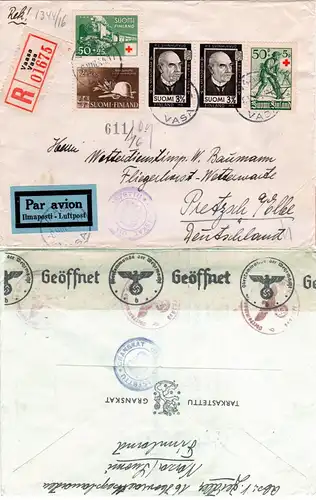 Finnland 1944, 5 Marken auf Luftpost Zensur Brief v. Vaasa n. Deutschland