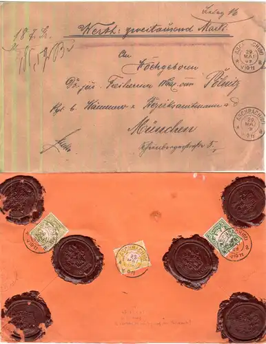 Bayern 1909, 5+30+40 Pf. rs. auf Wertbrief v. Aschbach (Of.) n. München. 