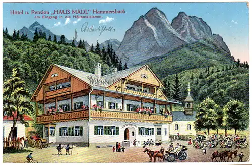 Hammersbach, Hotel Haus Madl m. Zugspitze, 1916 per FP v. Obergrainau gebr. AK