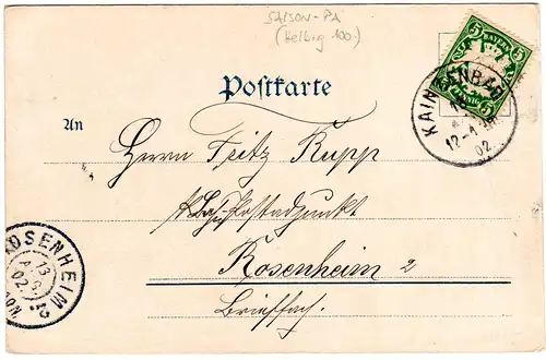 Bayern 1902, Saisonpostamt-K1 KAINZENBAD auf Karte m. 5 Pf.