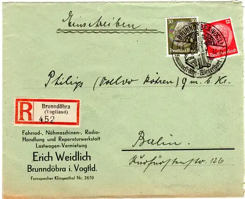 DR 1940, 12+30 Pf. auf Einschreiben Brief m. Sonderstpl. v. Brunndöbra Vogtland