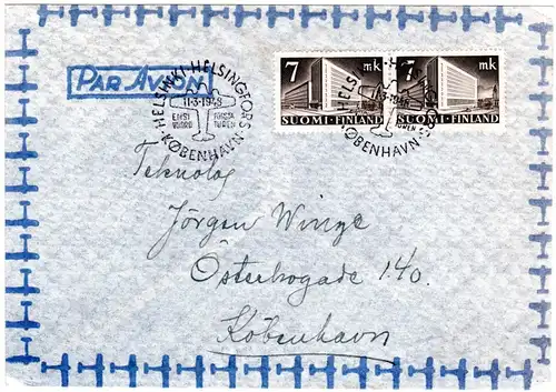 Finnland 1948, Paar 7 Mk. auf Erstflug Brief Helsingfors-Kopenhagen Dänemark