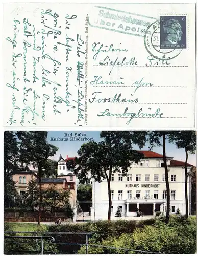 DR 1943, SCHMIEDEHAUSEN über Apolda auf Bad Sulza Farb-AK m. 6 Pf.