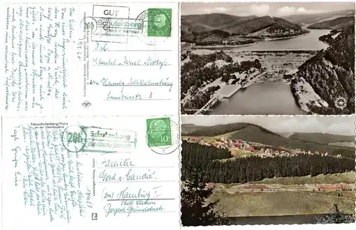 BRD 1957/60, 2 versch. Landpoststpl. SCHULENBERG über Altenau auf 2 AK m. 10 Pf.