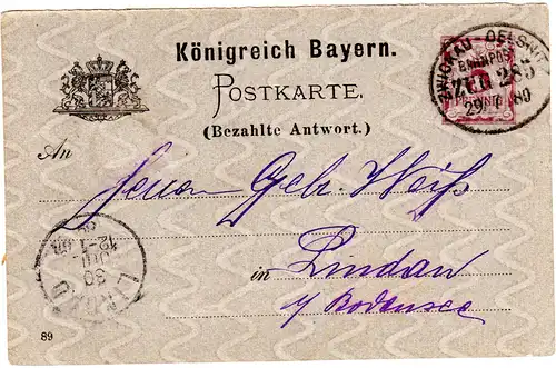 Bayern 1889, 5 Pfennig Antwortkarte m. DR Bahnpost Stpl. Zwickau-Oelsnitz