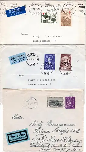 Finnland 1947/64, 3 Briefe m. versch. Luftpost Etiketten v. Vaasa n. Deutschland