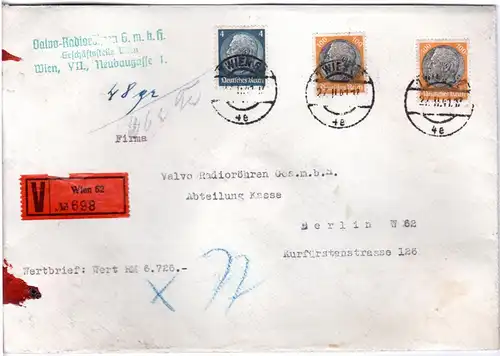 DR 1941, 4+2x100 Pf. auf portorichtigem Ostmark Wertbrief v. Wien n. Berlin