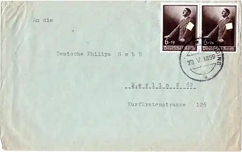 DR 1939, MeF 2x 6+19 Pf. Hitler auf Brief m. aptiertem Mähren Stempel STAUDING