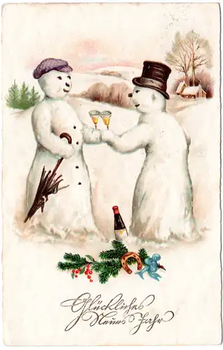2 Schneemänner m. Sektgläsern u. Hufeisen, 1933 gebr. Neujahrs Karte.
