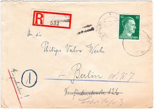 DR 1944, L2 Würbenthal (Ostsudeten) auf Einschreiben Brief m. 42 Pf. n. Berlin.
