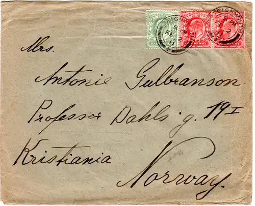 GB 1911, 1/2+2x1d auf Brief v. Teignmouth n. Norwegen