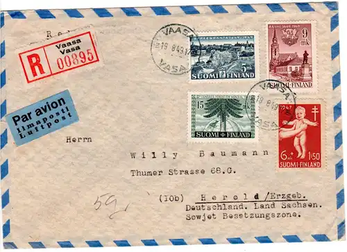 Finnland 1949, 4 Marken auf Einschreiben Luftpost Brief v. Vaasa n. Deutschland