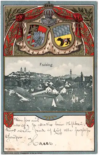 Freising, schöne Präge-Karte m. Wappen u. Gesamtansicht, 1901 gebr. AK