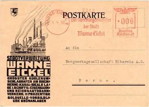 DR 1942, Absenderfreistempel Oberbürgermeister Wanne-Eickel auf schöner Karte