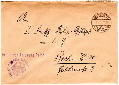 DR 1933, Frei durch Ablösung Reichsbahn Bahnhof Bischofswerda, Brief n. Berlin