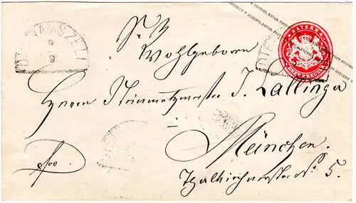 Bayern U1, sauber gebr. 3 Kr. Ganzsachenumschlag m. HKS DIETRAMSZELL n. München