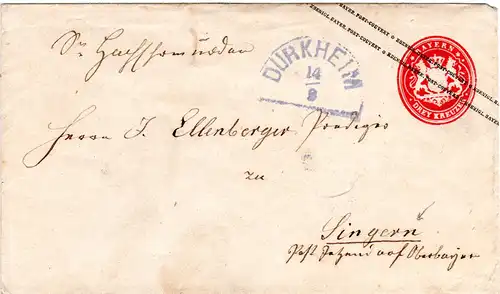 Bayern 1872, blauer HKS DÜRKHEIM klar auf 3 Kr. Ganzsache Brief n. Jetzendorf