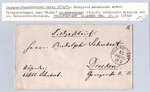 NDP 1871, K1 FELD-POST-AMT 12.ARMEE-CPS. auf Brief n. Sachsen