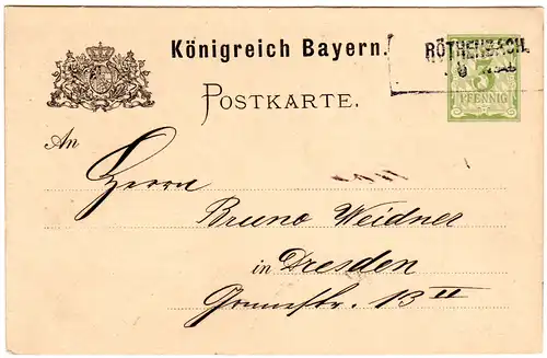 Bayern, Aushilfstempel RÖTHENBACH klar auf 3 Pf. Ganzsache v. Grossholz