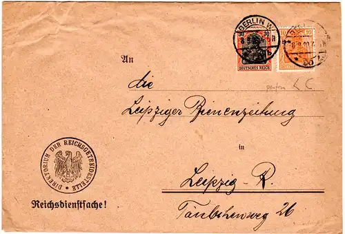 DR 1920, 10+30 Pf. Germania m. perfin auf Reichsdienstsache Brief 