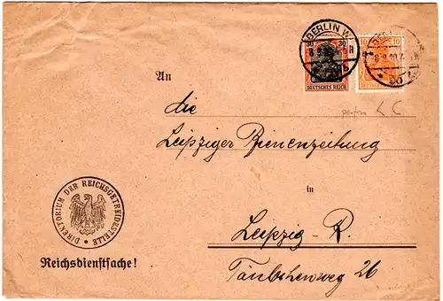 DR 1920, 10+30 Pf. Germania m. perfin auf Reichsdienstsache Brief