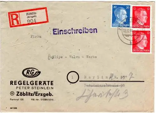 DR 1944, 20+2x12 Pf. auf Einschreiben Brief v. Zöblitz n. Berlin