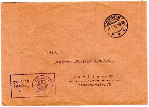 DR 1933, Frei durch Ablösung Zollamt Bentheim auf Brief n. Berlin