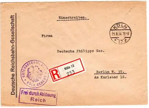 DR 1934, Frei durch Ablösung Reichsbahn-Gesellschaft Köln Gereon, Brief n Berlin