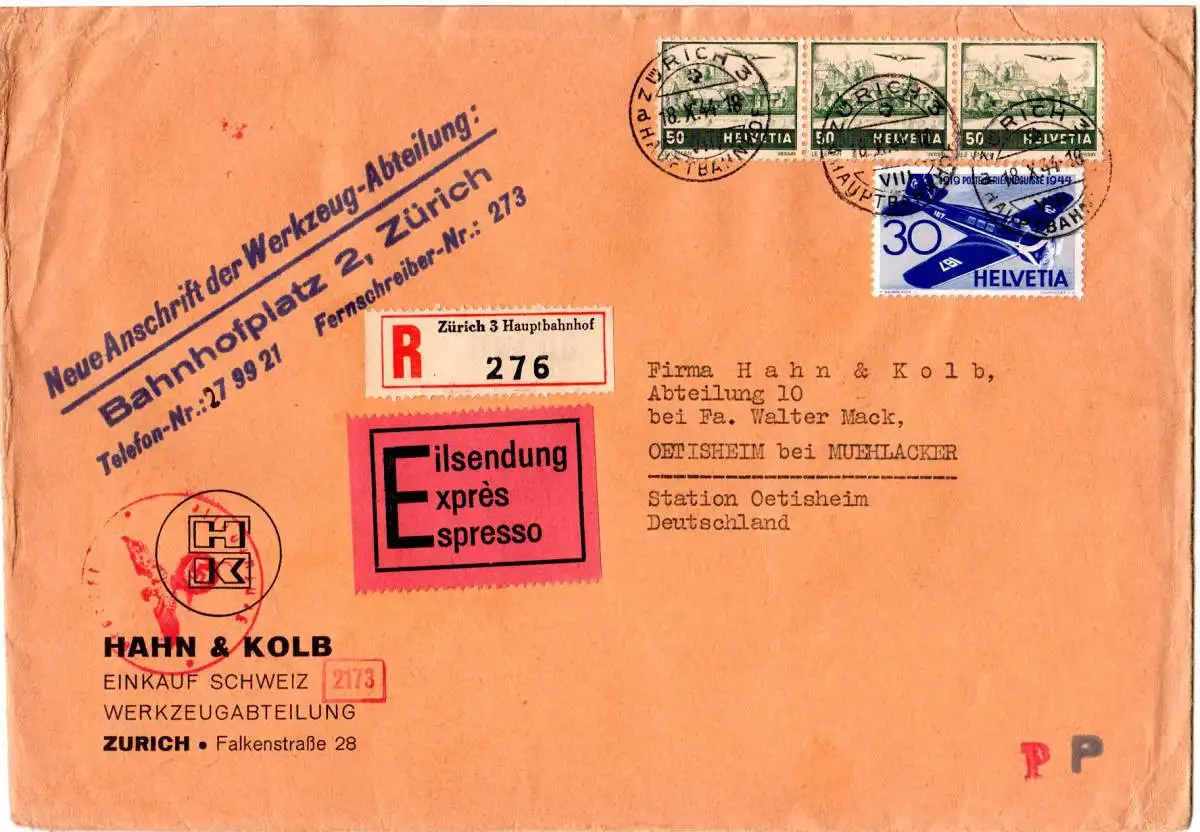 Schweiz 1944, 30+3x50 C. auf Reko Express Zensur Brief v. Zürich n. Deutschland