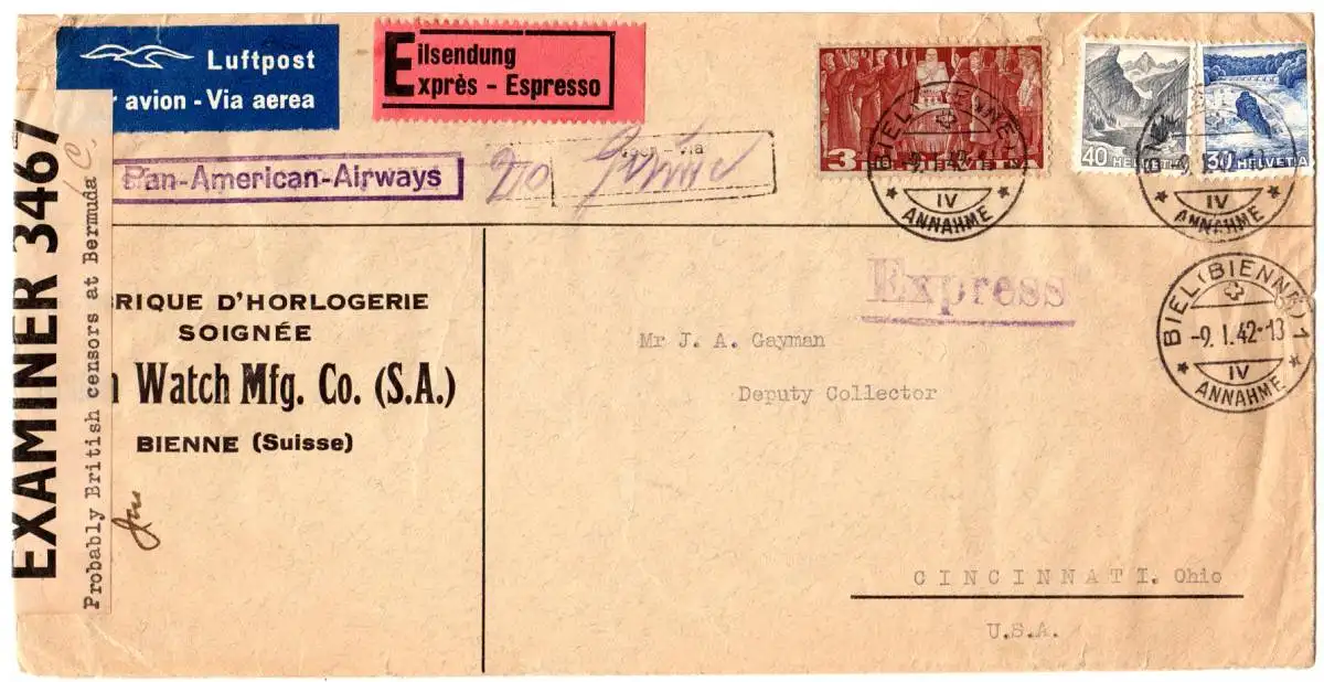Schweiz 1942, 3 Fr.+30+40 C. auf Express Luftpost Brief v. Biel i.d. USA