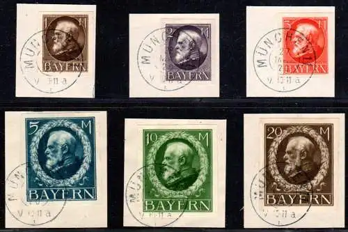 Bayern 104-109 IIB, 6 geschnittene Ludwig Markwerte je auf Briefstück. Geprüft