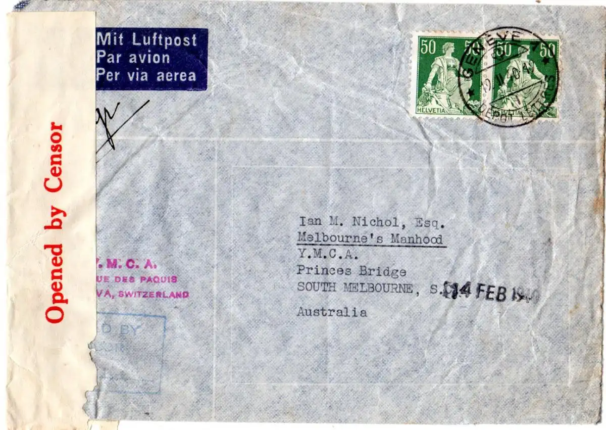 Schweiz 1940, Paar 50 C. auf Luftpost Zensur Brief v. Geneve n. Australien