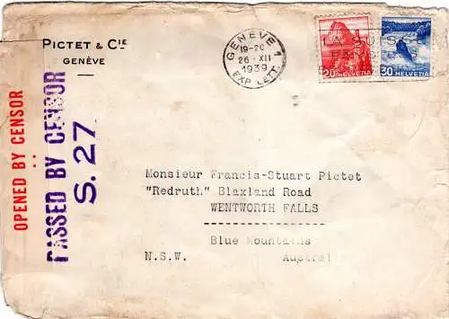 Schweiz 1939, 20+30 C. auf Zensur Brief v. Geneve n. Australien