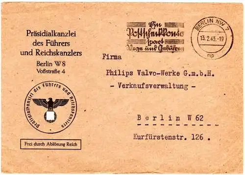 DR 1943, Frei durch Ablösung Reich auf Brief d. Präsidialkanzlei des Führers...