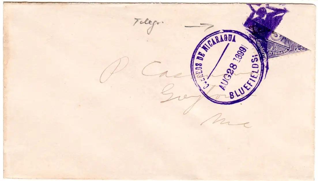 Nicaragua 1899, Diagonalhalbierung 10 C. Telegr. auf Brief v. Bluefields