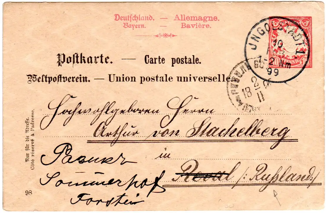 Bayern 1899, 10 Pf. Ganzsache v. K1 INGOLSTSADT 1 nach Estland