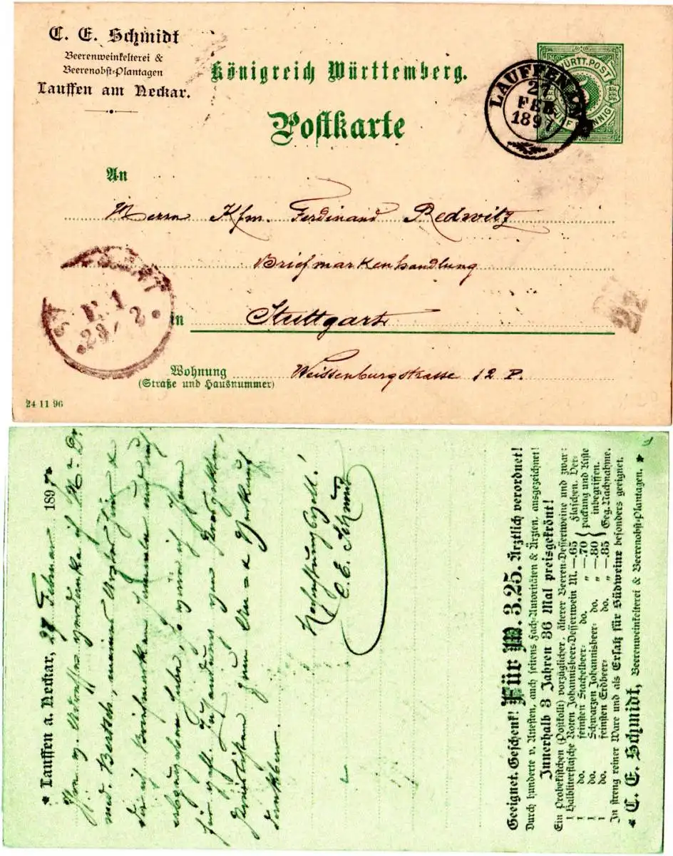 Württemberg 1897, 5 Pf. Ganzsache m. rs. Beerenwein Zudruck v. K2 Lauffen A.N.