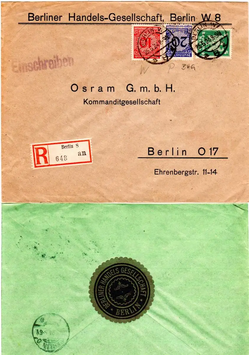 DR 1924, 20 Pf. m. perfin +10+15 Pf. auf Orts-Einschreiben Brief v. Berlin