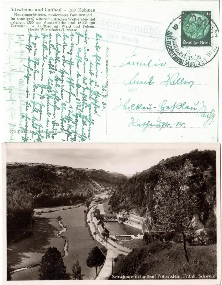 DR 1934, Landpoststpl. SCHÜTTERSMÜHLE über Pegnitz auf Pottenstein sw-AK m. 6 Pf