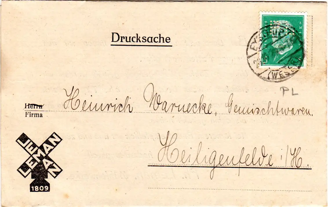 DR 1928, 5 Pf. m. perfin auf Mühlenwerke Faltdrucksache v. Eystrup