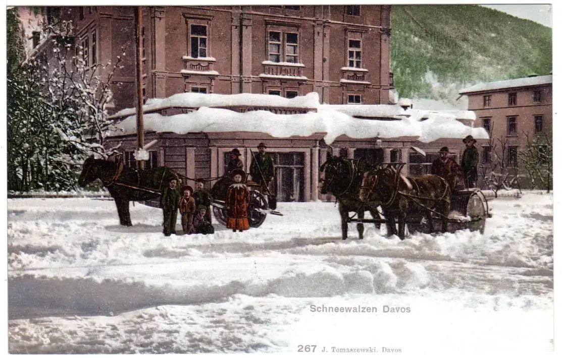 Schweiz, Davos Schneewalzen m. Pferdegespannen, ungebr. Winter Farb-AK