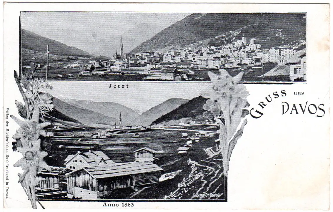 Schweiz, Gruss aus Davos, Anno 1863 u. jetzt, ungebr. Farb-AK m. Edelweiss