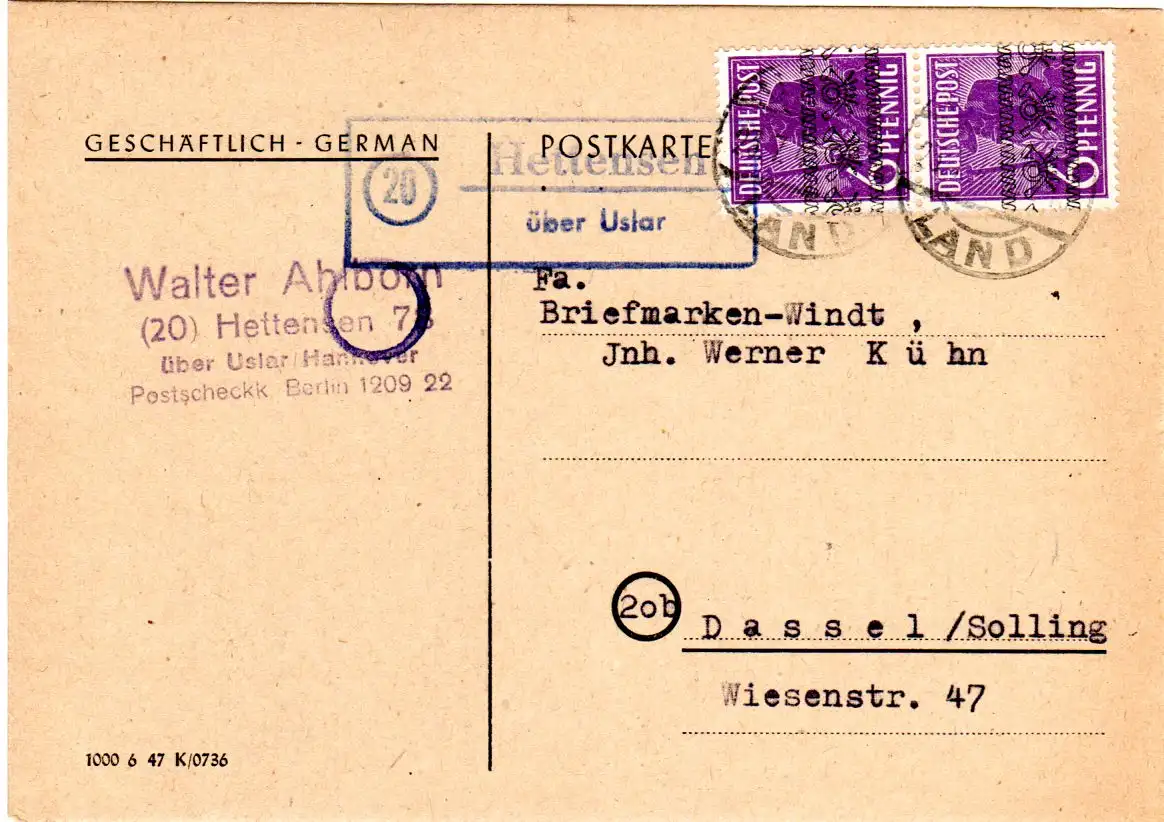 1948, Landpost Stpl. 20 HETTENSEN über Uslar auf Firmen Karte m. 2x6 Pf.