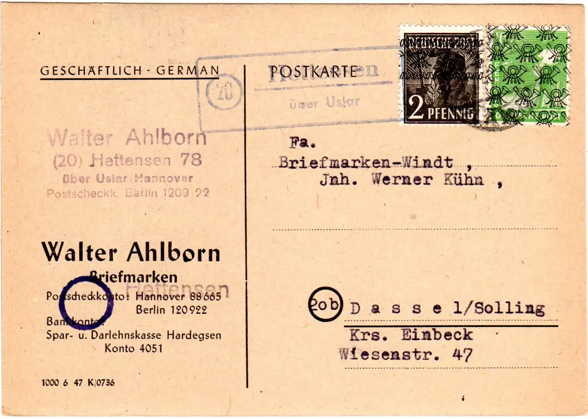1948, Landpost Stpl. 20 HETTENSEN über Uslar auf Firmen Karte m. 2+10 Pf.