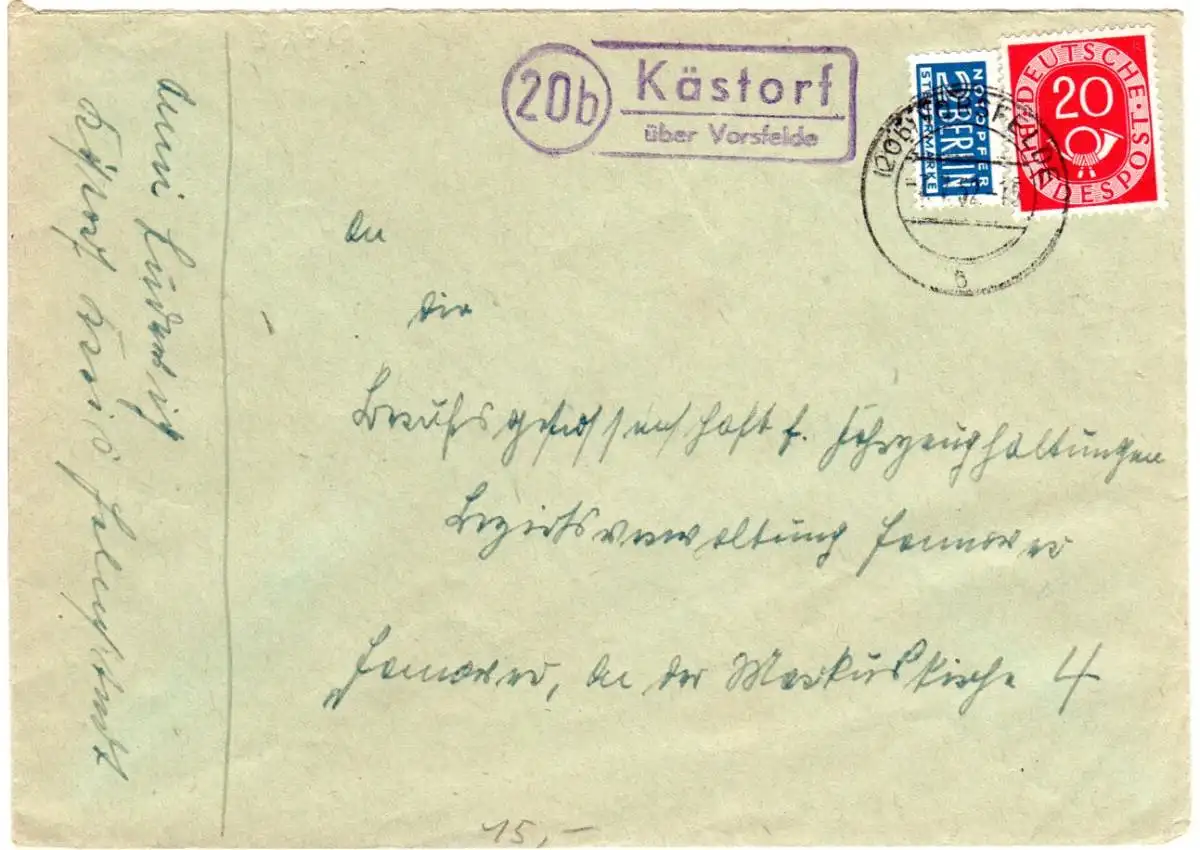 BRD 1952, Landpost Stpl. 20b KÄSTORF über Vorsfelde auf Brief m. 20 Pf.