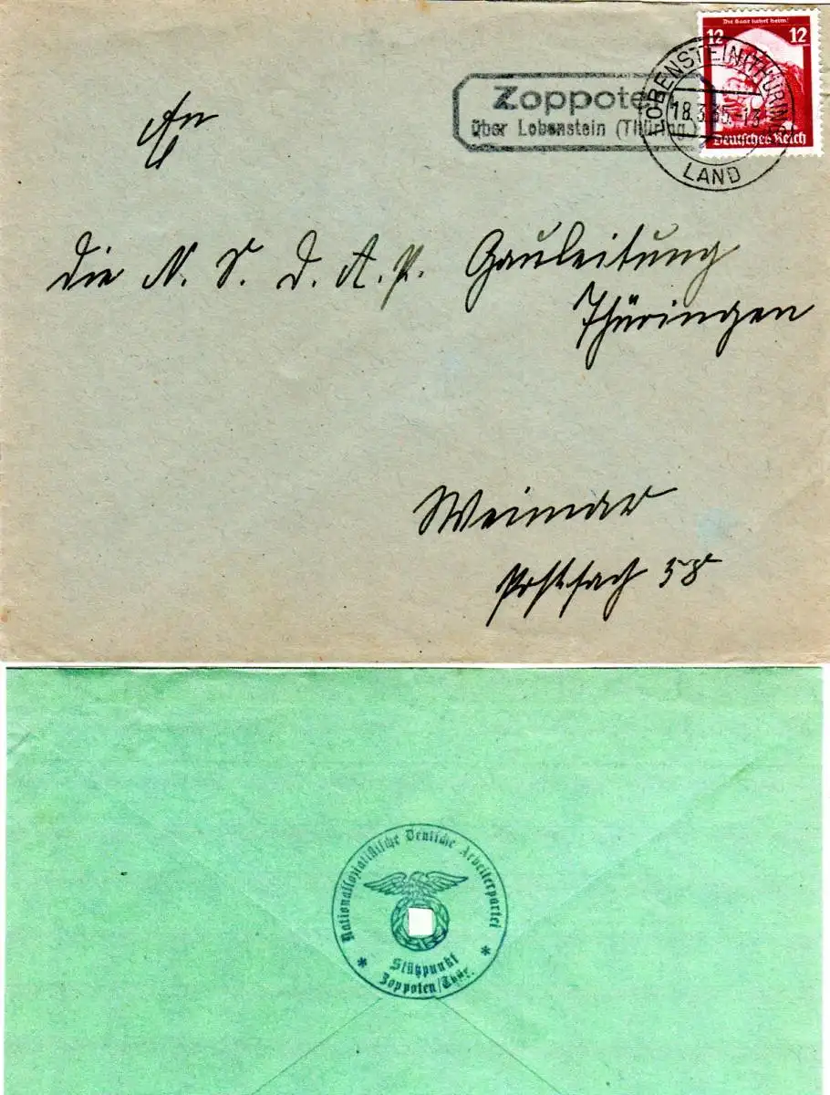 DR 1935, Landpost Stpl. ZOPPOTEN über Lobenstein auf NSDAP Brief m. 12 Pf.