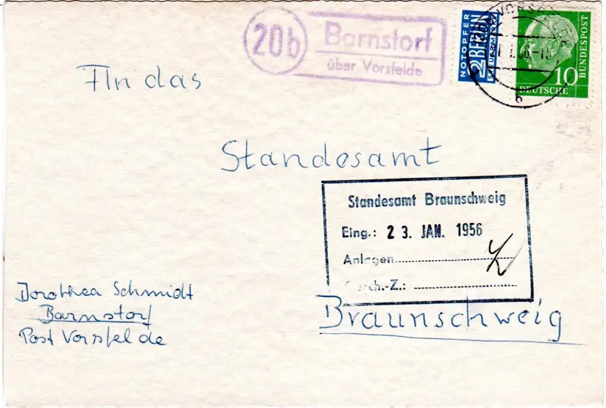 BRD 1956, Landpoststpl. 20b BARNSTORF über Vorsfelde auf Karte m. 10 Pf.